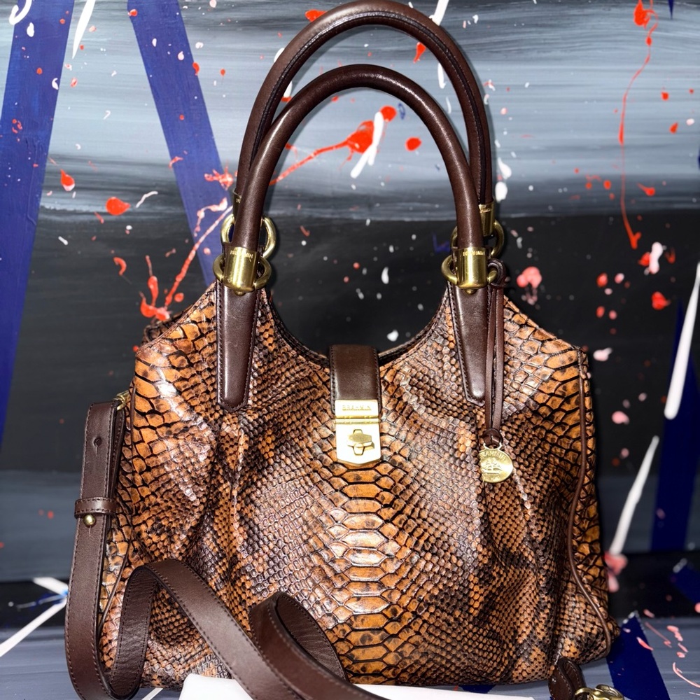 Brahmin Brown Snake Print Leather Handbag Shoulder Satchel or Purse